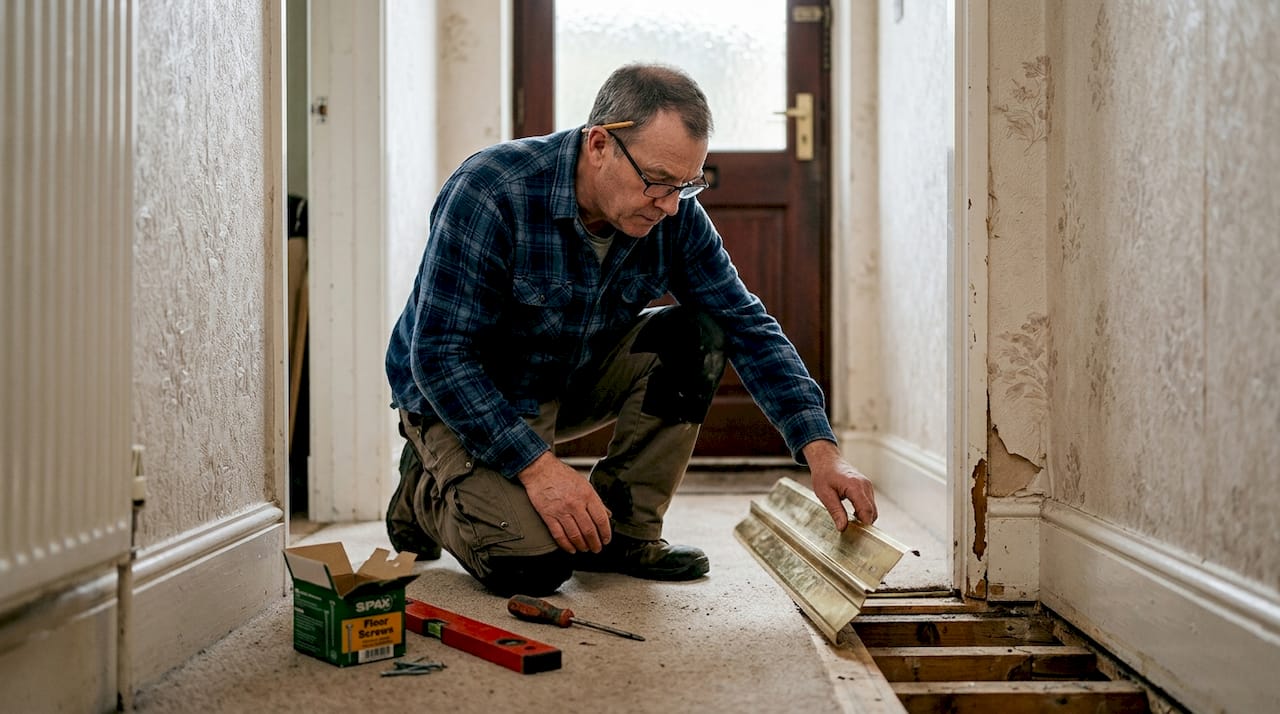 DIYer inspecting loose floor trim for unevenness