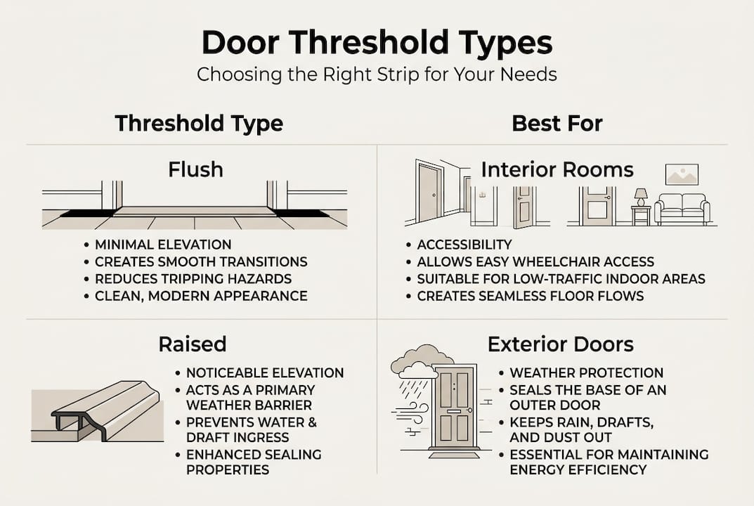 Infographic comparing door threshold types and uses