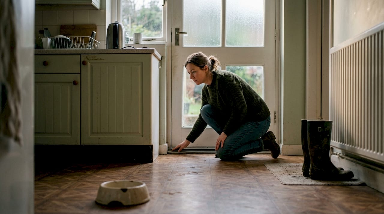 Woman checking for draughts at door