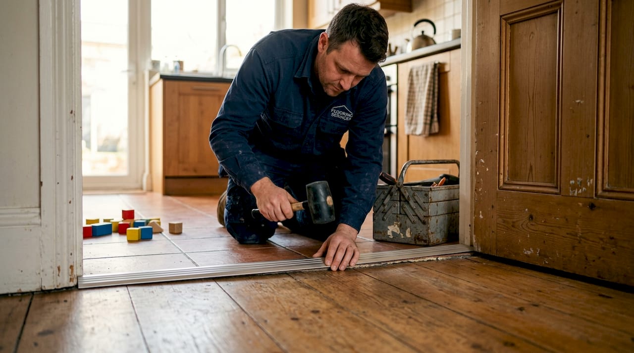 Installer fitting stepped strip for uneven floors
