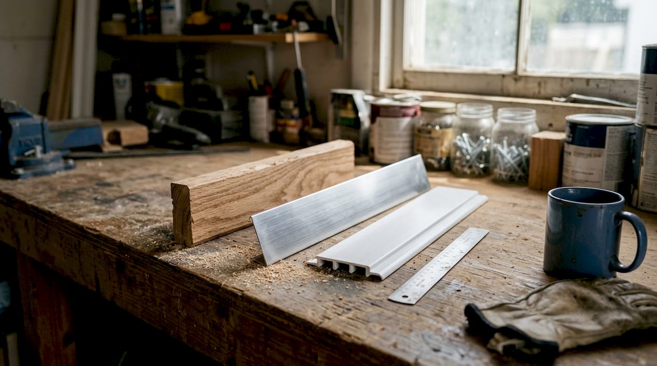 Trim samples on dusty workbench
