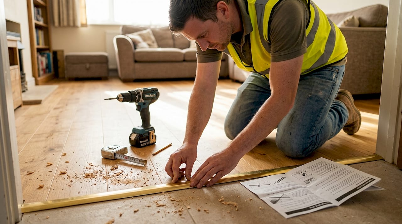 Installer fitting solid metal threshold strip