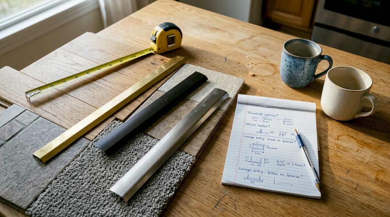 Variety of floor trim samples on kitchen table