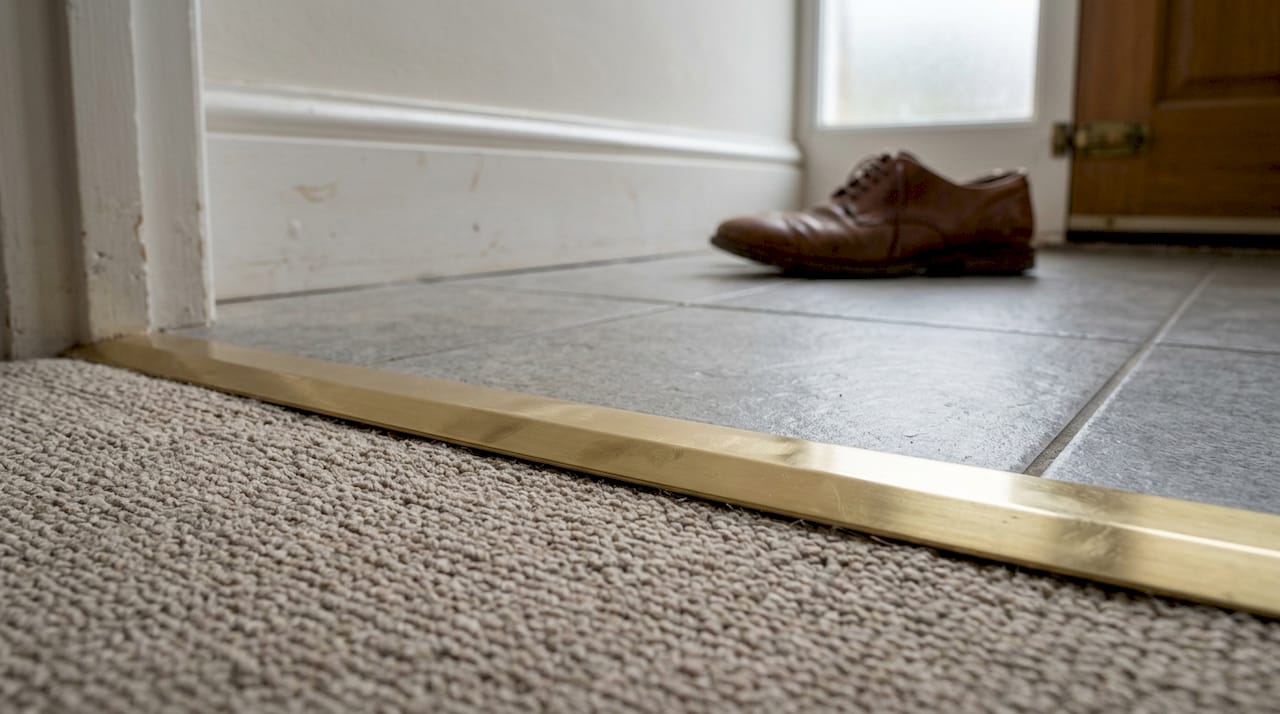 Closeup of brass edge trim across floors