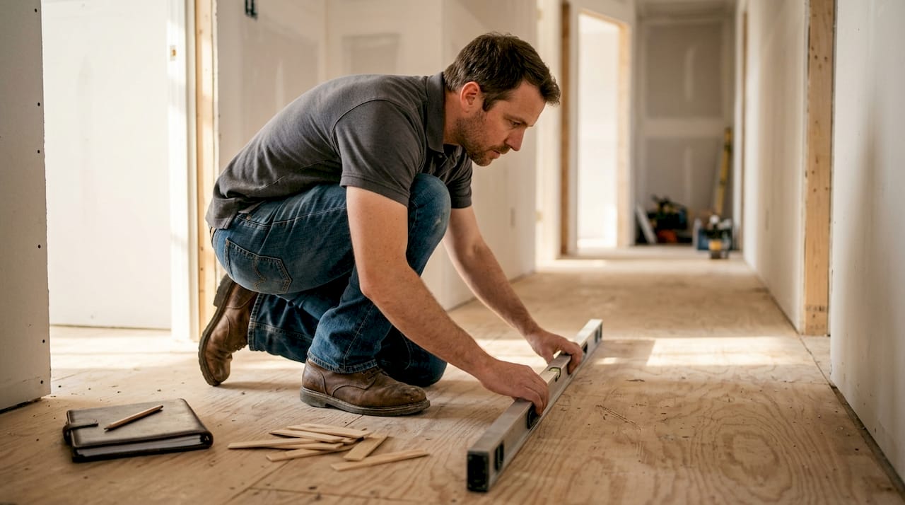 Installer checking hallway subfloor flatness
