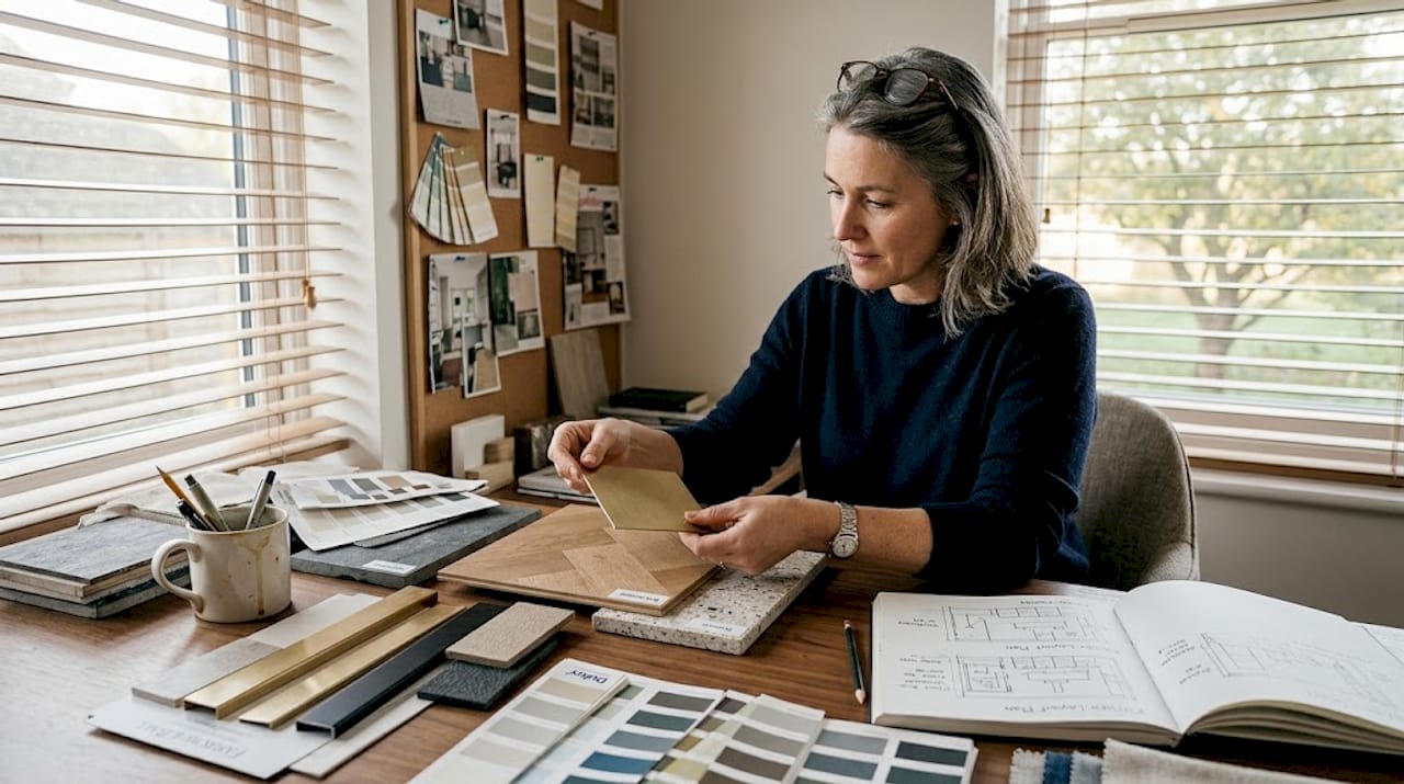 Designer arranging flooring trim samples on desk