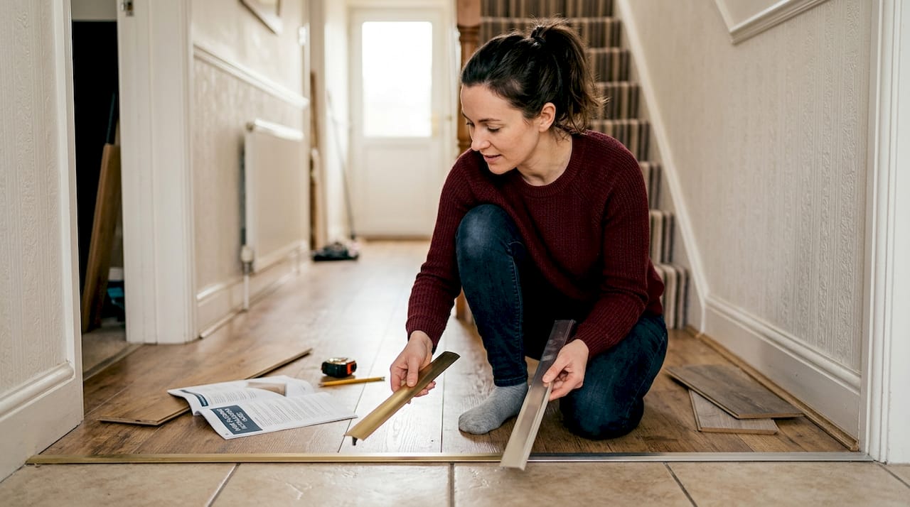 Homeowner comparing T-bar and reducer strips