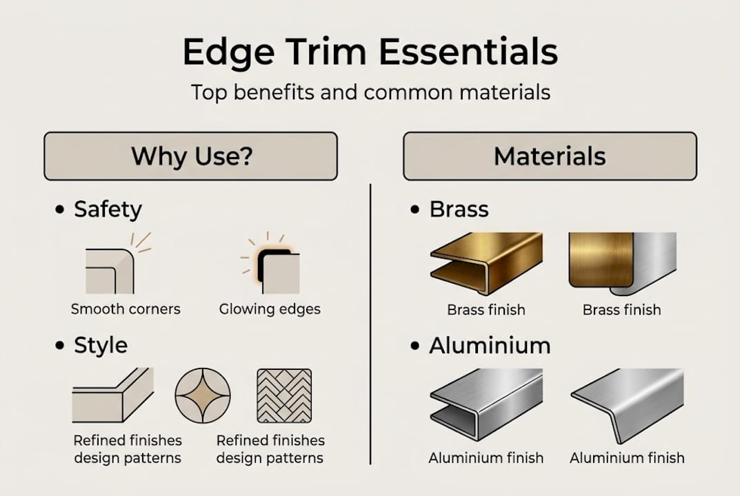 Infographic outlining edge trim benefits and materials