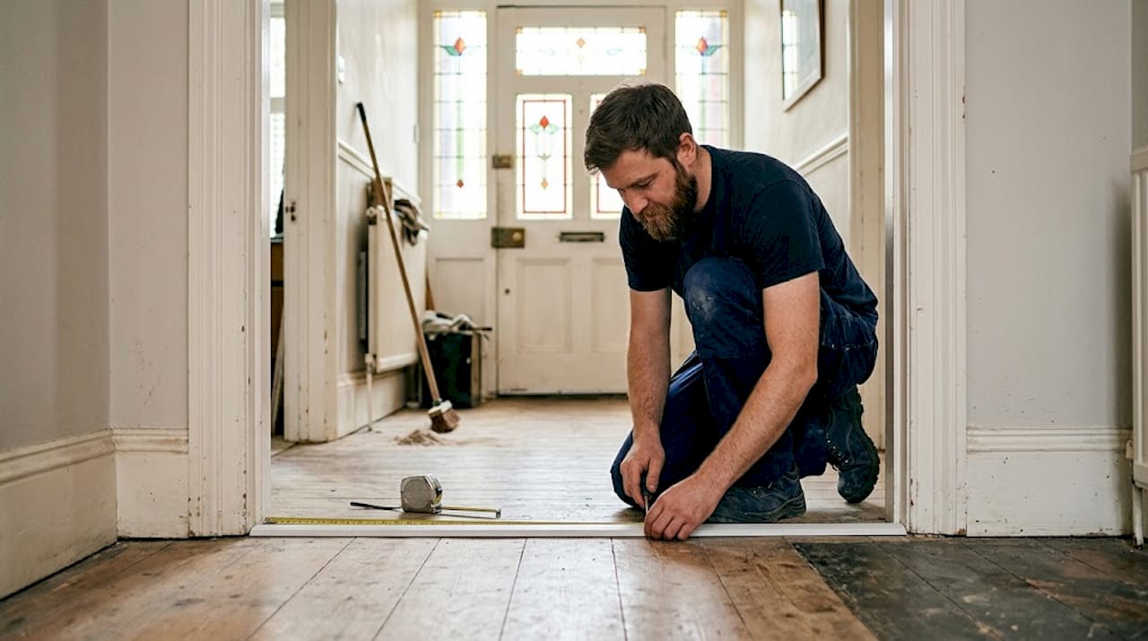 Wide threshold bar installed in double doorway