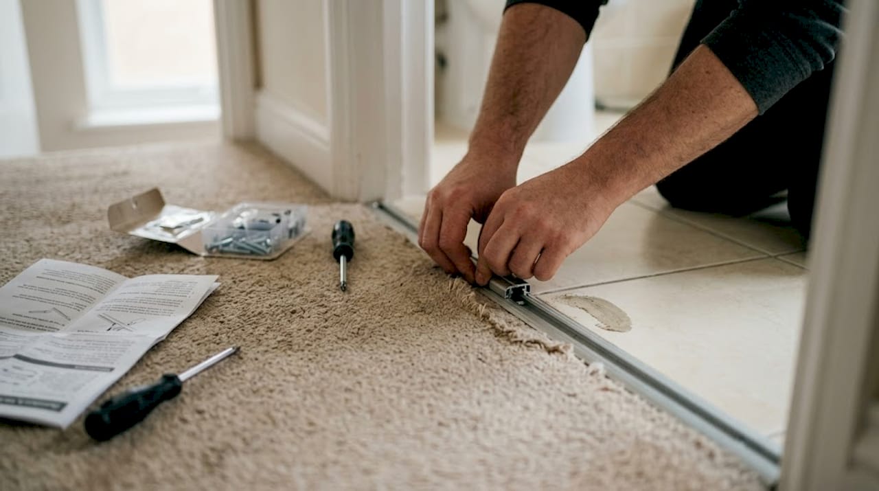 Hands installing clip-in threshold between floors
