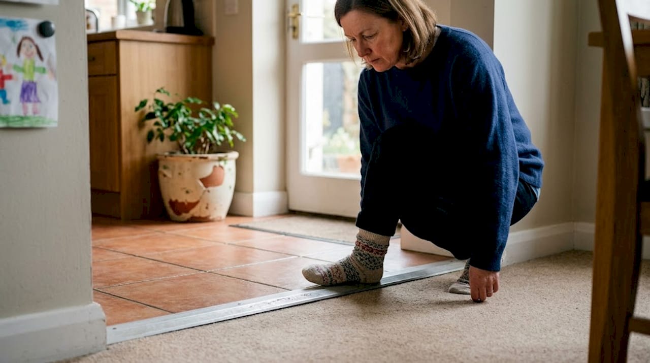 Person stepping over threshold bar between rooms