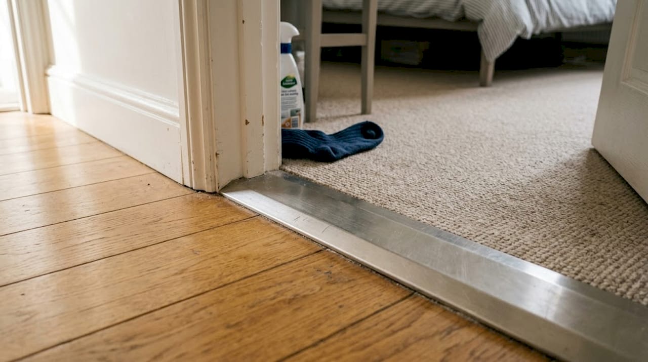 Detailed metal trim between wood and carpet floors