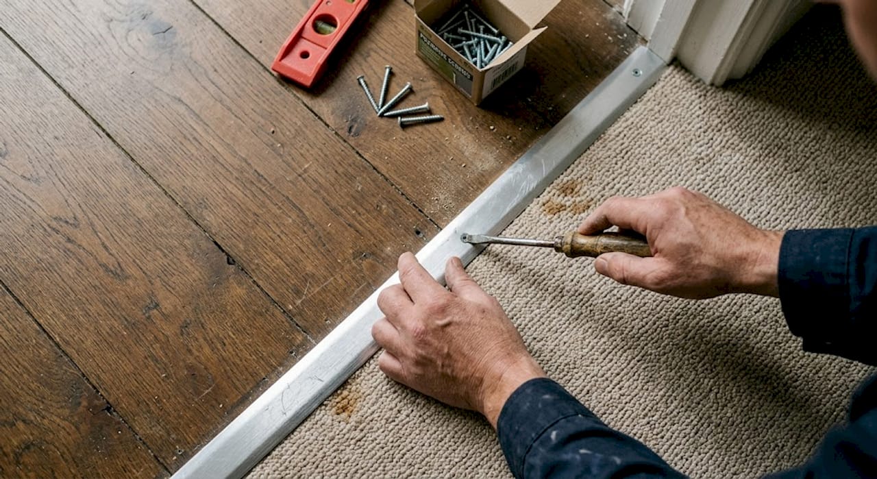 Hands installing floor trim on two surfaces