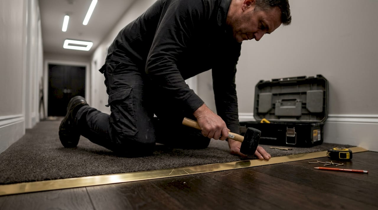 Installer fitting metal trim to carpet edge