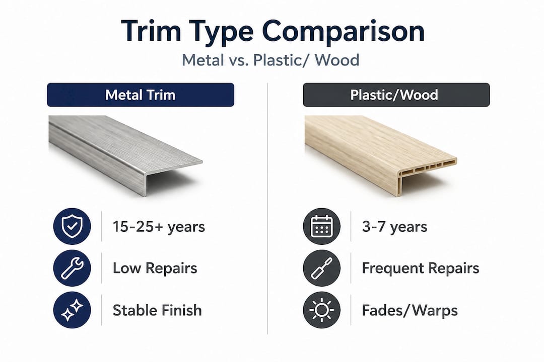 Infographic comparing metal and plastic carpet trim durability