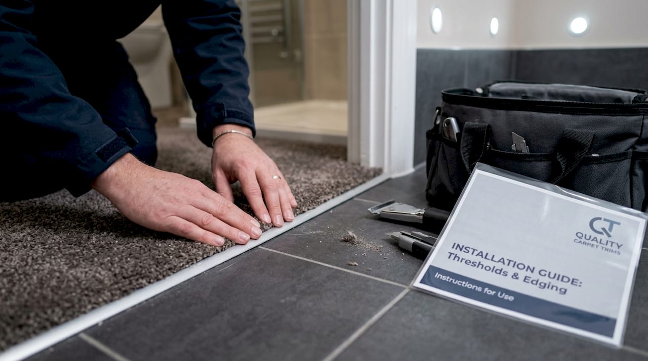 Hands installing carpet to tile transition