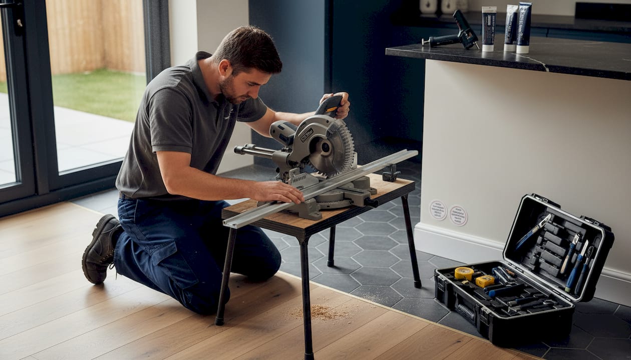 Fitter cutting metal trim for wood to tile transition