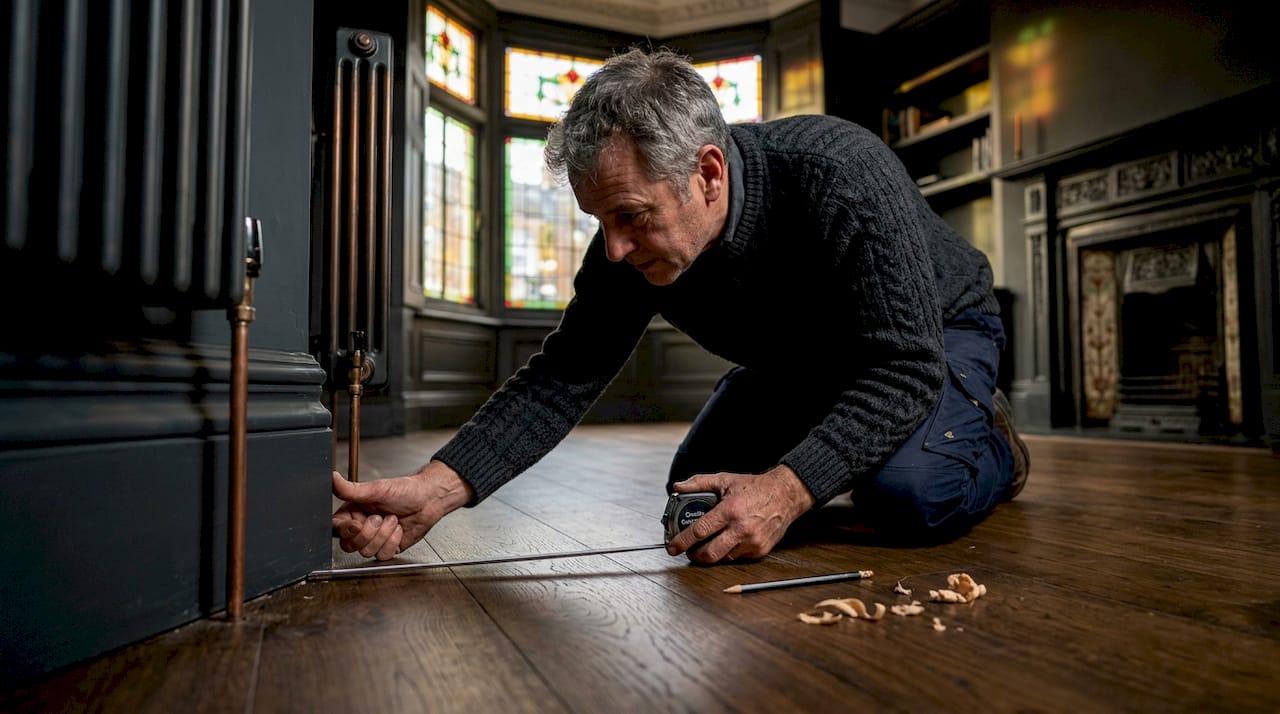 Homeowner checking trim fit on engineered wood floor