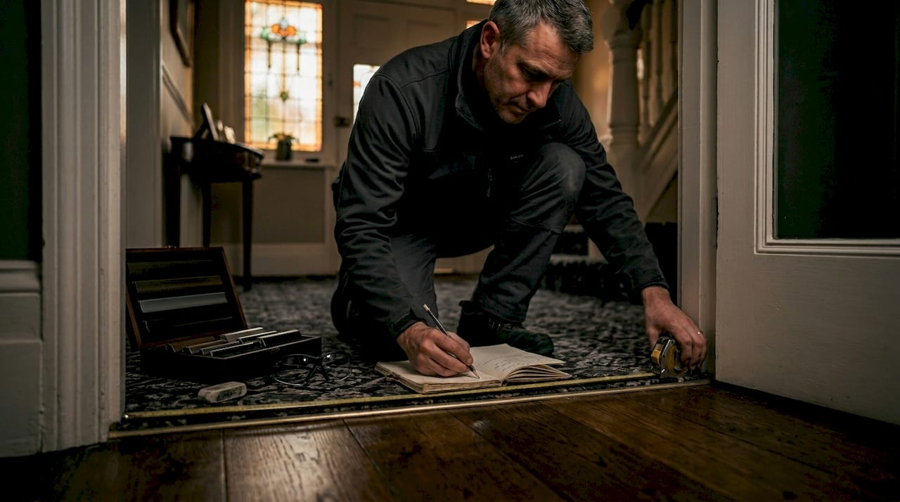 Man taking doorway measurement for floor trim