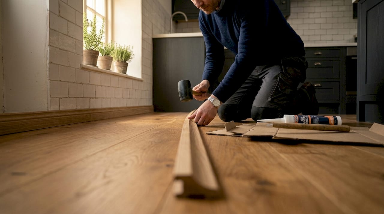 Homeowner installing oak T-bar trim transition