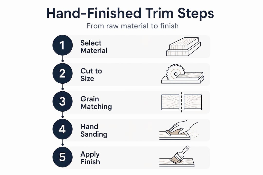 Infographic showing steps for hand-finishing trims