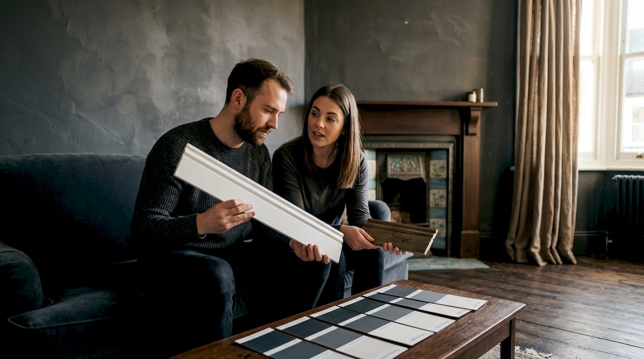 Couple comparing trim samples in living room