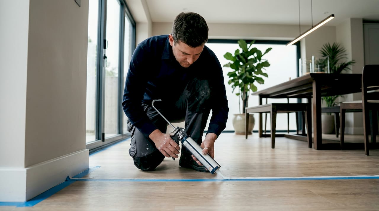 Applying sealant along kitchen floor edge
