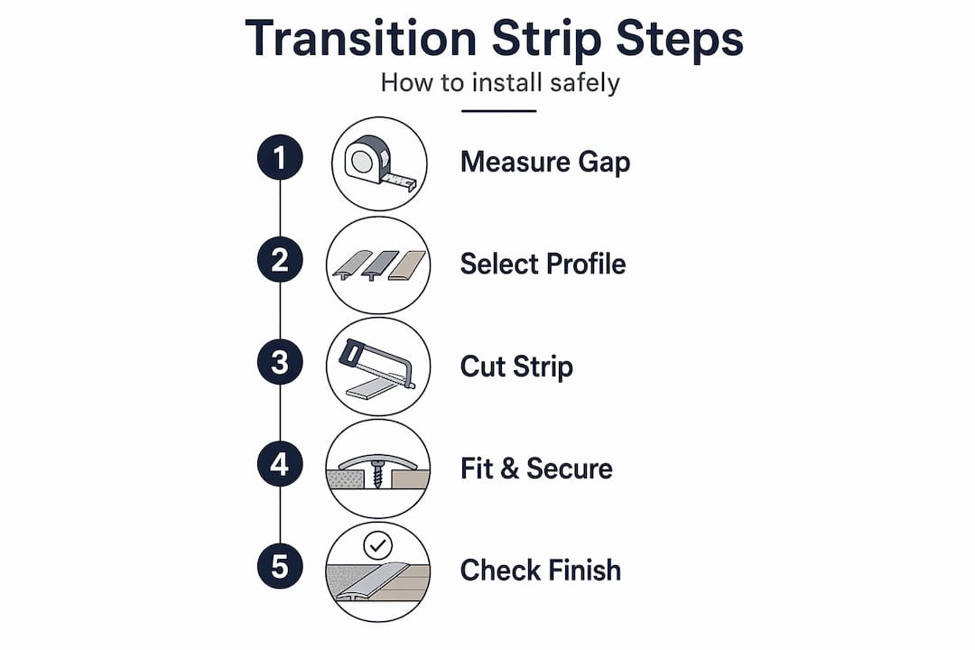 Infographic showing steps for hardfloor transition strip installation