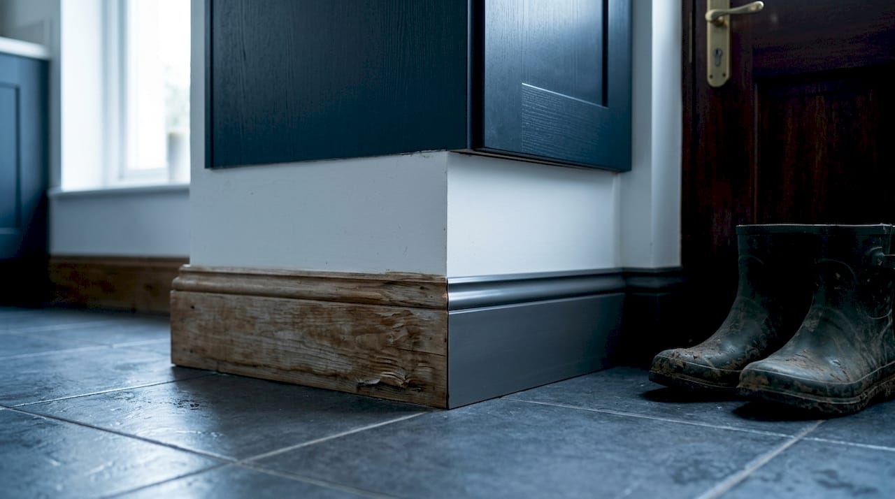 Vinyl and wood trim comparison in kitchen