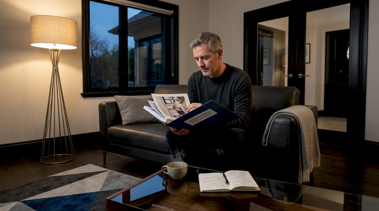 Man reviewing renovation photos in coordinated room