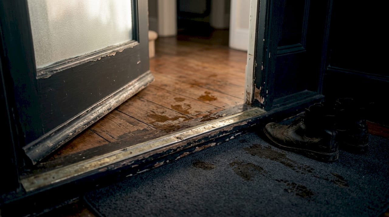 Water stains near a worn doorway threshold
