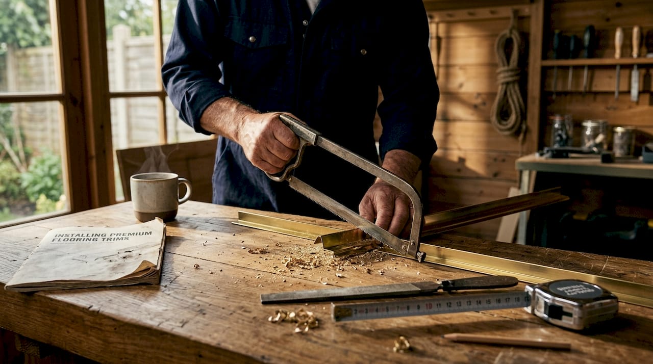 Hands cutting brass trim workbench tools