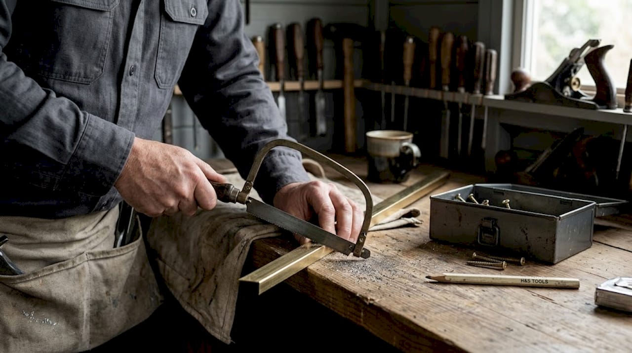 Hands coping brass trim on workbench