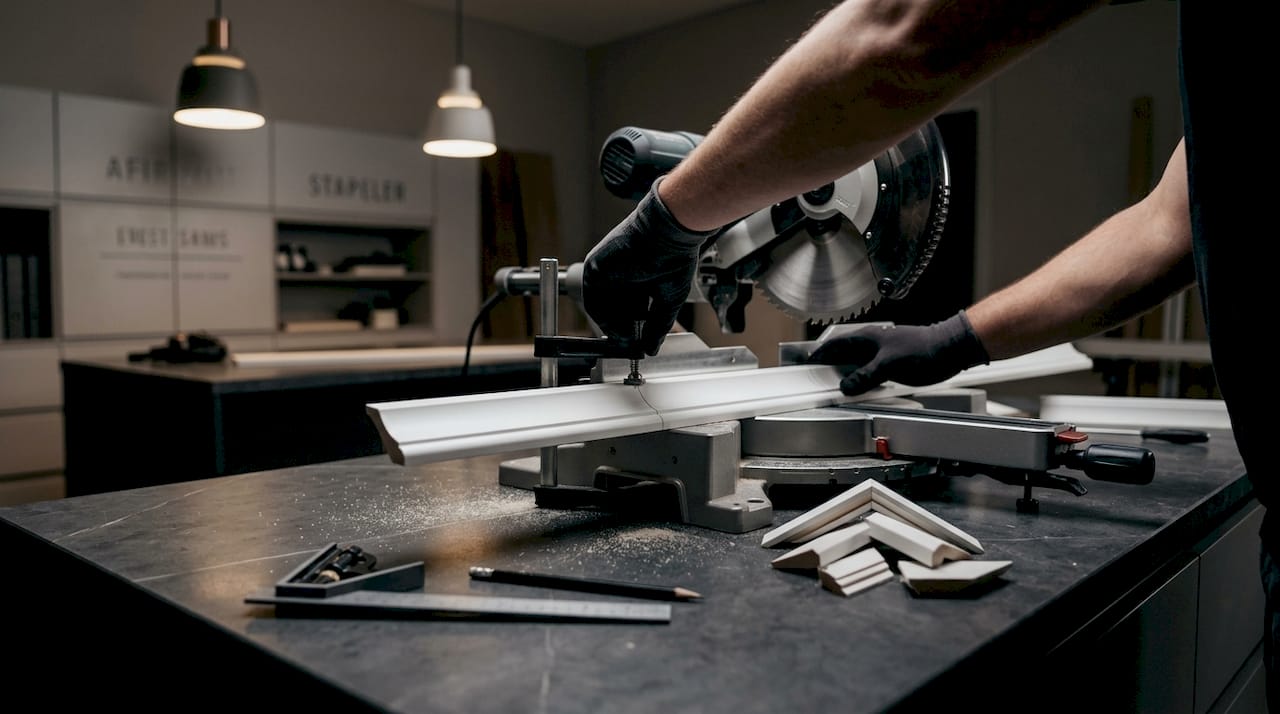 Hands adjusting miter saw for trim cut