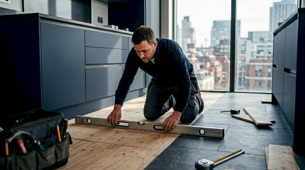 Floor installer measuring subfloor flatness in kitchen