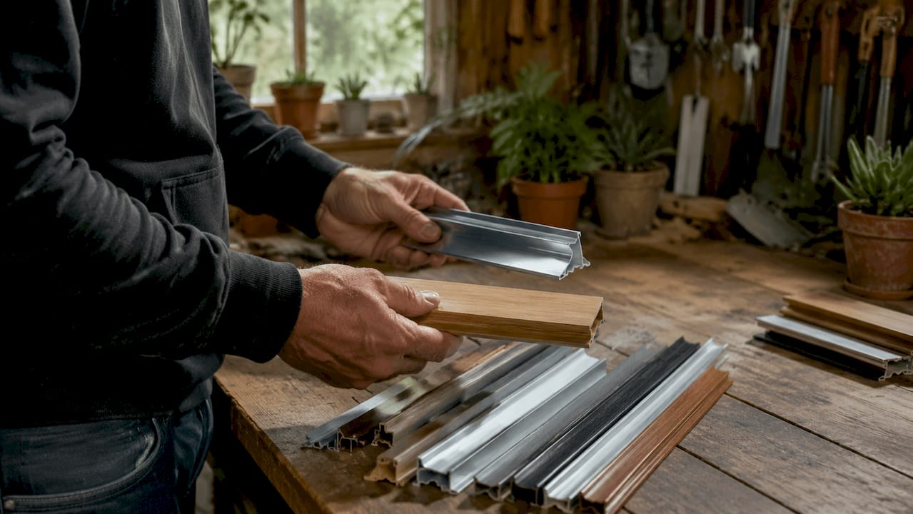 Close-up of hands choosing trim materials