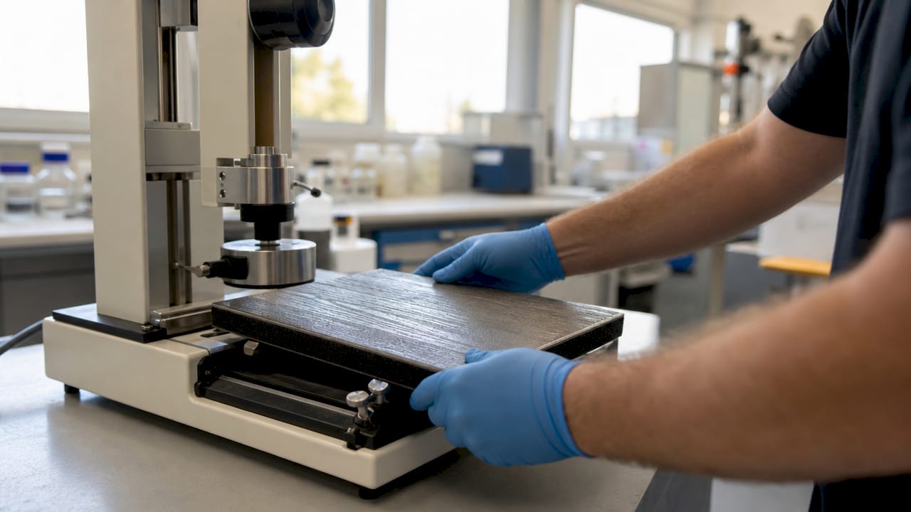 Hands testing flooring sample in lab