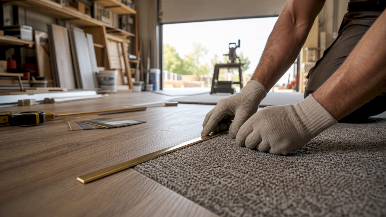 Close-up of hands installing brass T-moulding flooring profile
