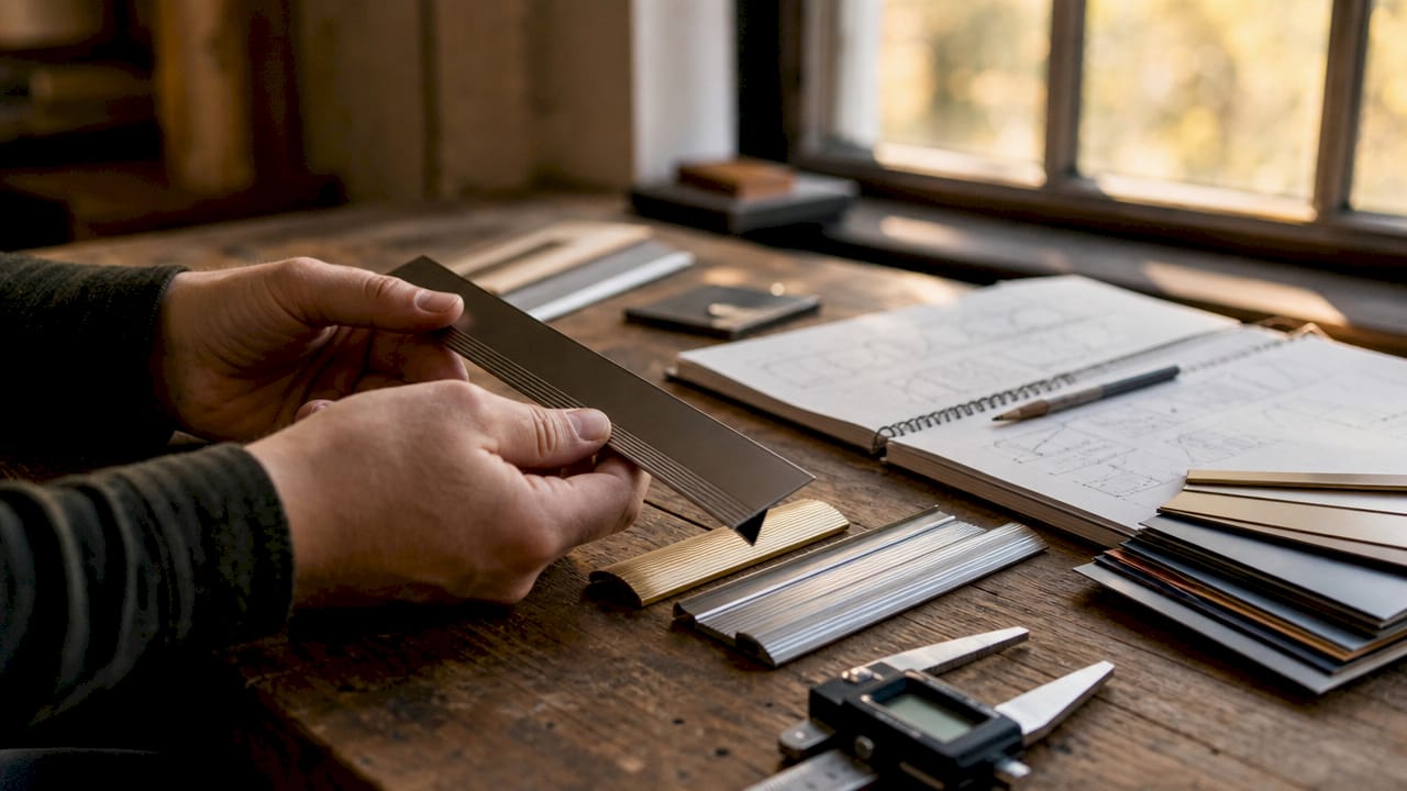 Close-up of hands handling flooring trim samples