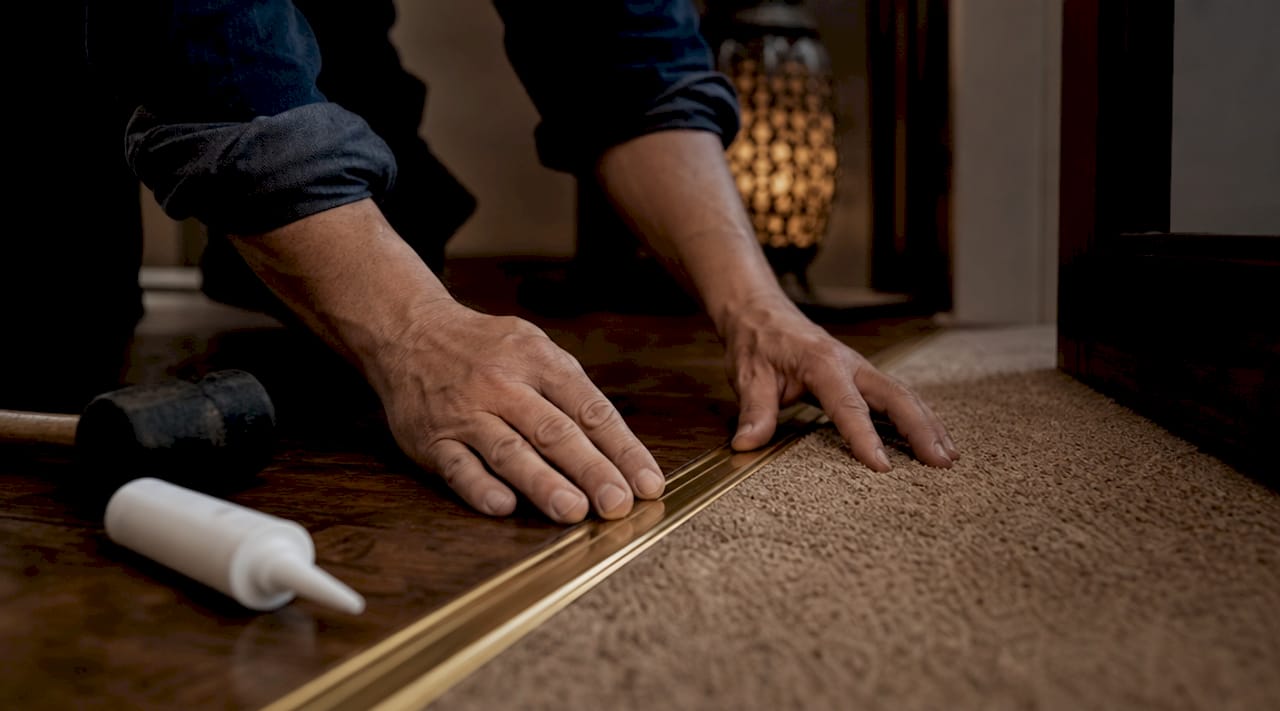 Hands fitting brass door bar on flooring junction