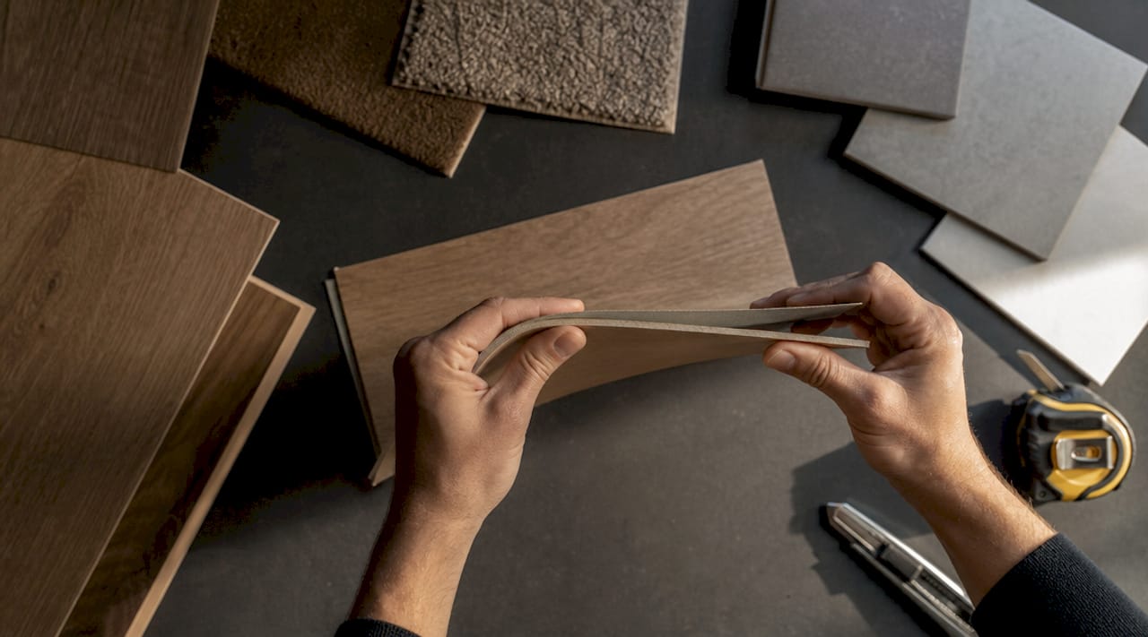 Hands holding vinyl flooring sample with other materials