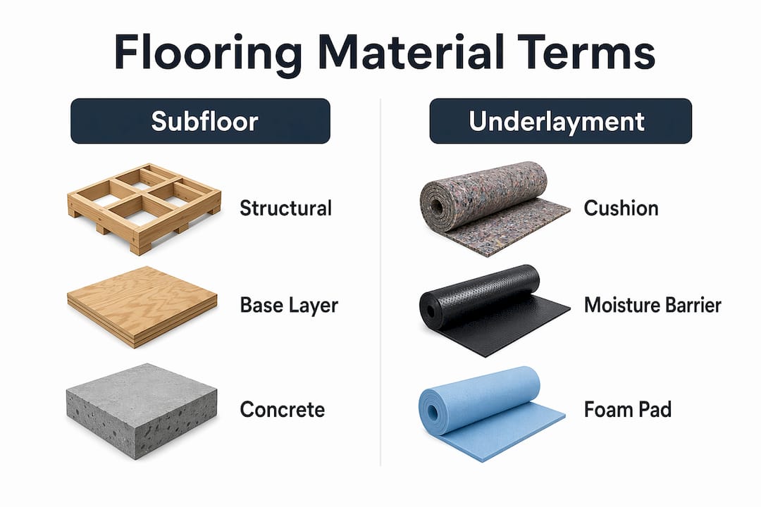 Infographic comparing subfloor and underlayment terms