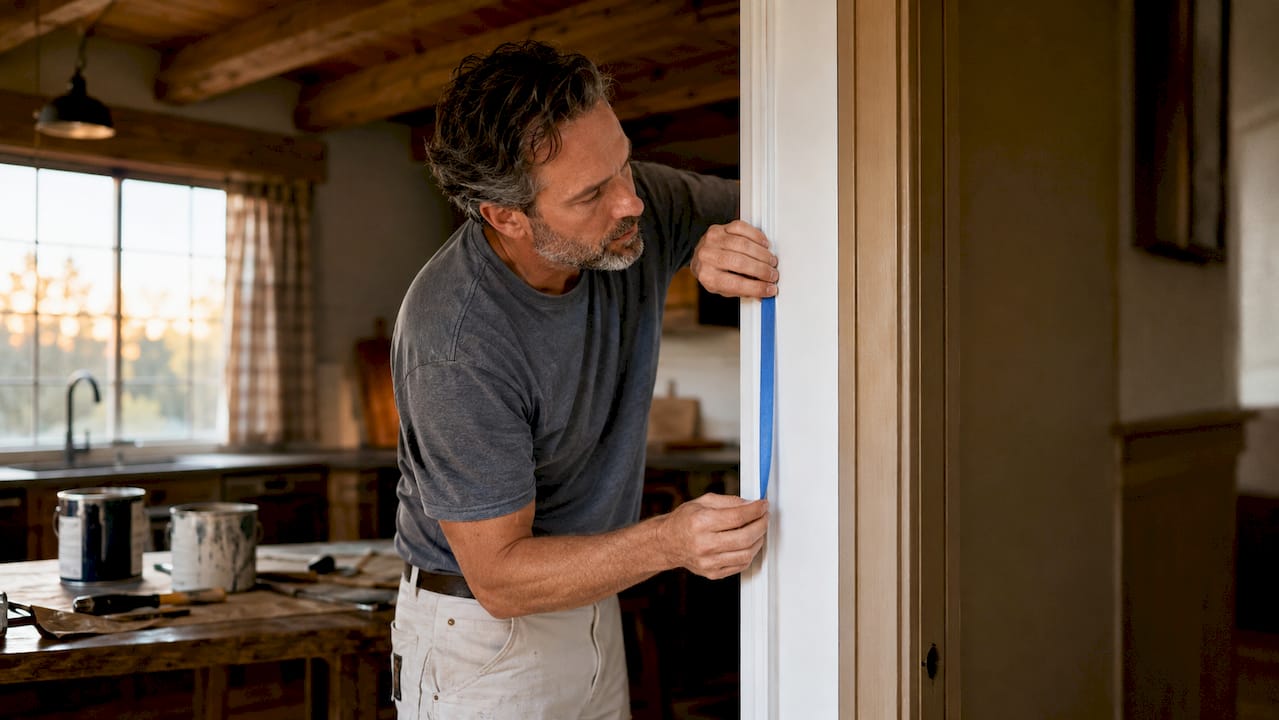 Carpenter applying contrasting white and colour matched trim paint