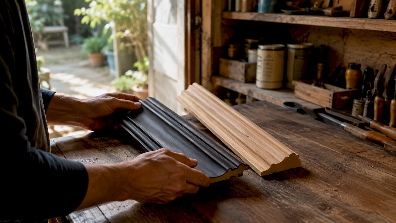 Hands comparing door trim styles and finishes