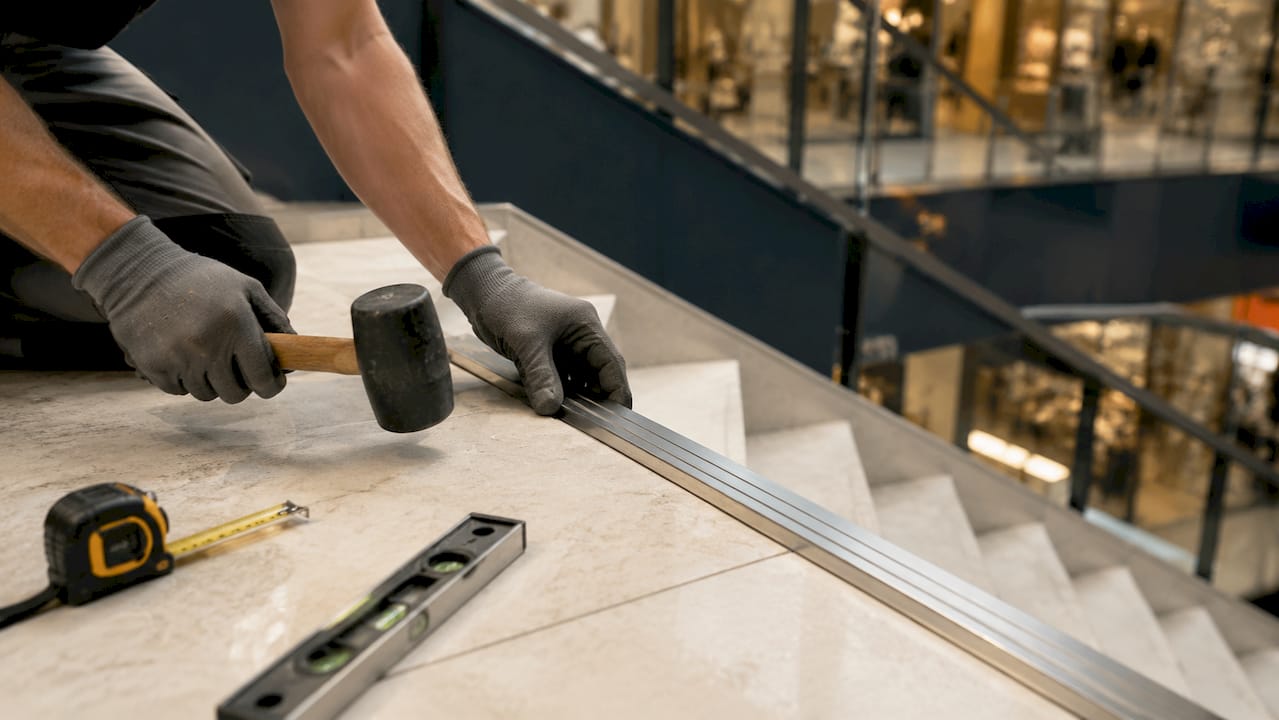 Hand installing stair nosing at flooring transition