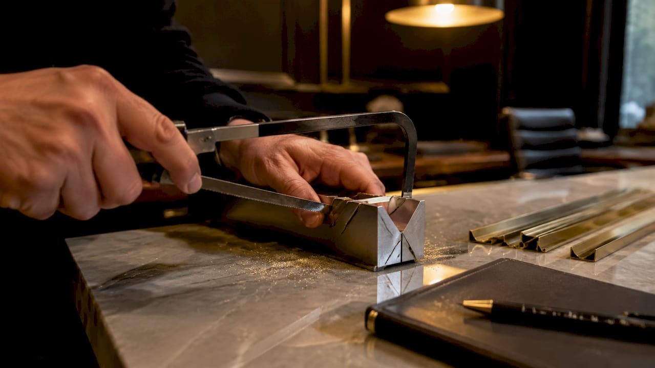 Close-up hands sawing solid brass edge trim at workshop