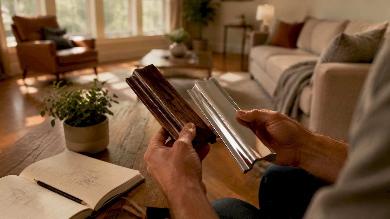 Hands comparing wooden and brass trim samples
