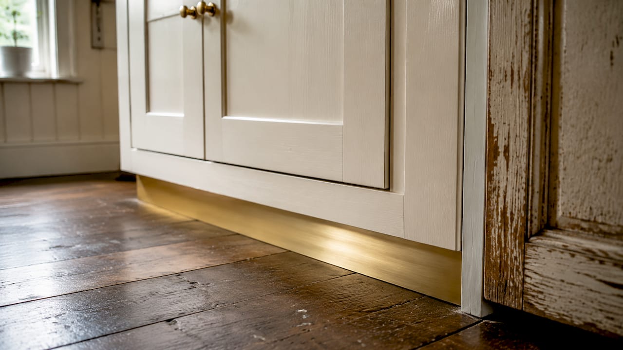 Close-up of solid brass kitchen plinth trim