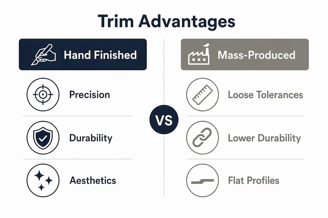 Infographic comparing hand finished and mass-produced trims