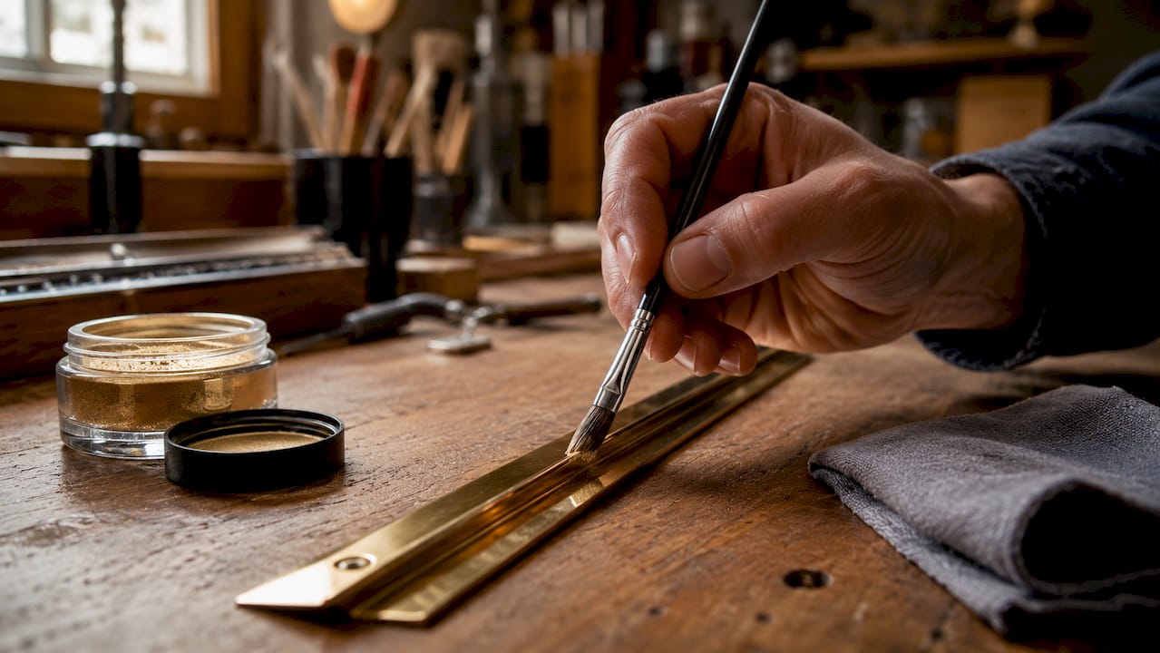 Close-up of hand applying finish on brass trim